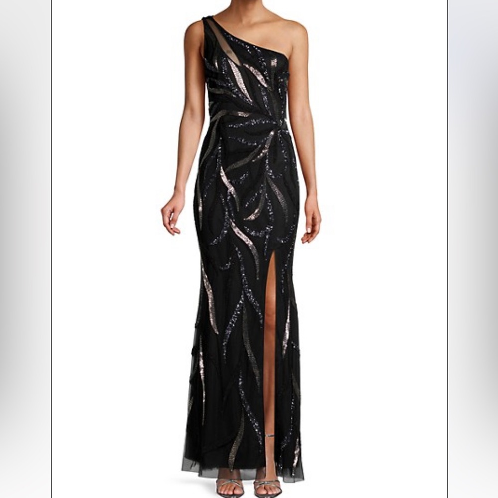 Aidan Mattox Black One Shoulder Beaded Slit Gown